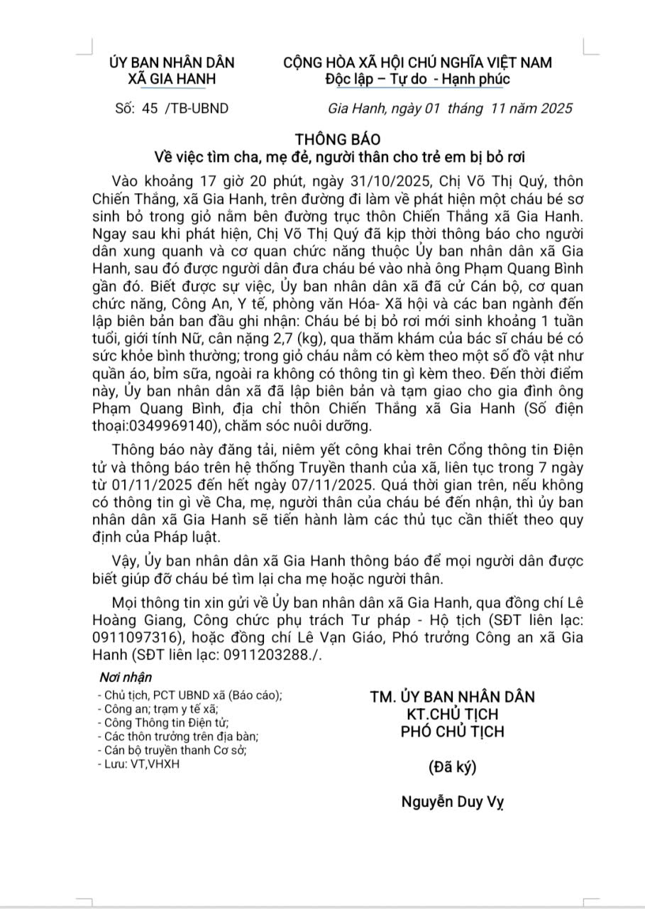 Thông báo về việc tìm người thân cho trẻ em bị bỏ rơi