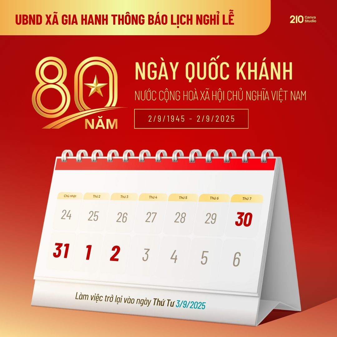 UBND xã Gia Hanh thông báo nghỉ lễ Quốc khánh 02/9/2025