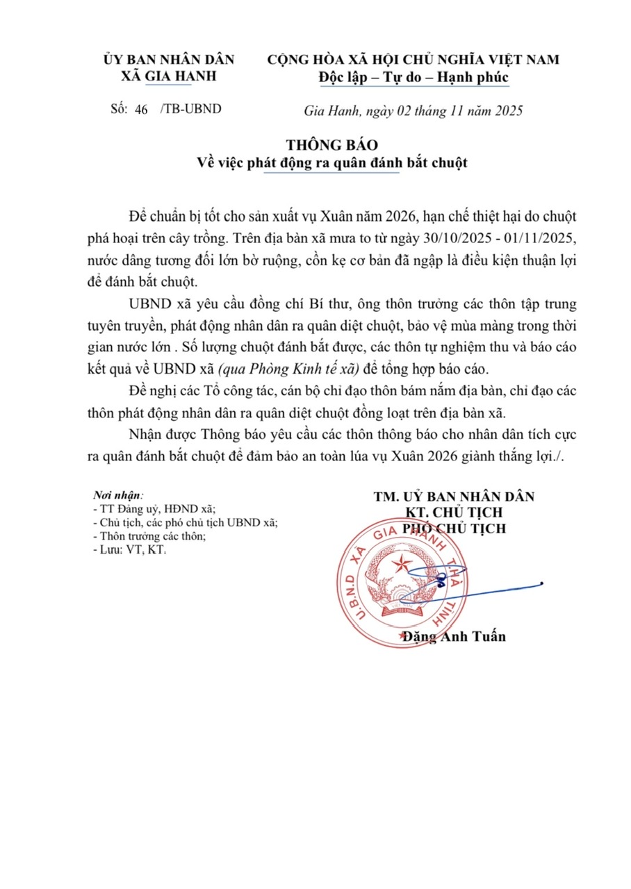 Ủy ban nhân dân xã Gia Hanh thông báo phát động ra quân đánh bắt chuột 